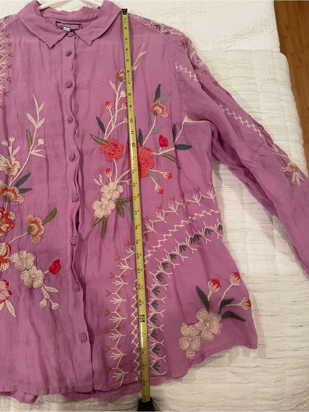 Johnny Was Lavender Floral Embroidered Button-Down Shirt - Picture 6 of 7